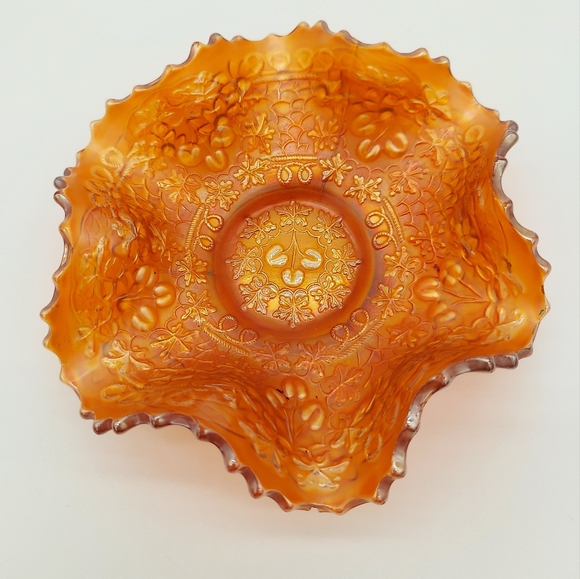 Fenton Cherry Chain Orange Tree Pattern Basket Ruffled Carnival Marigold Glass - Picture 1 of 4